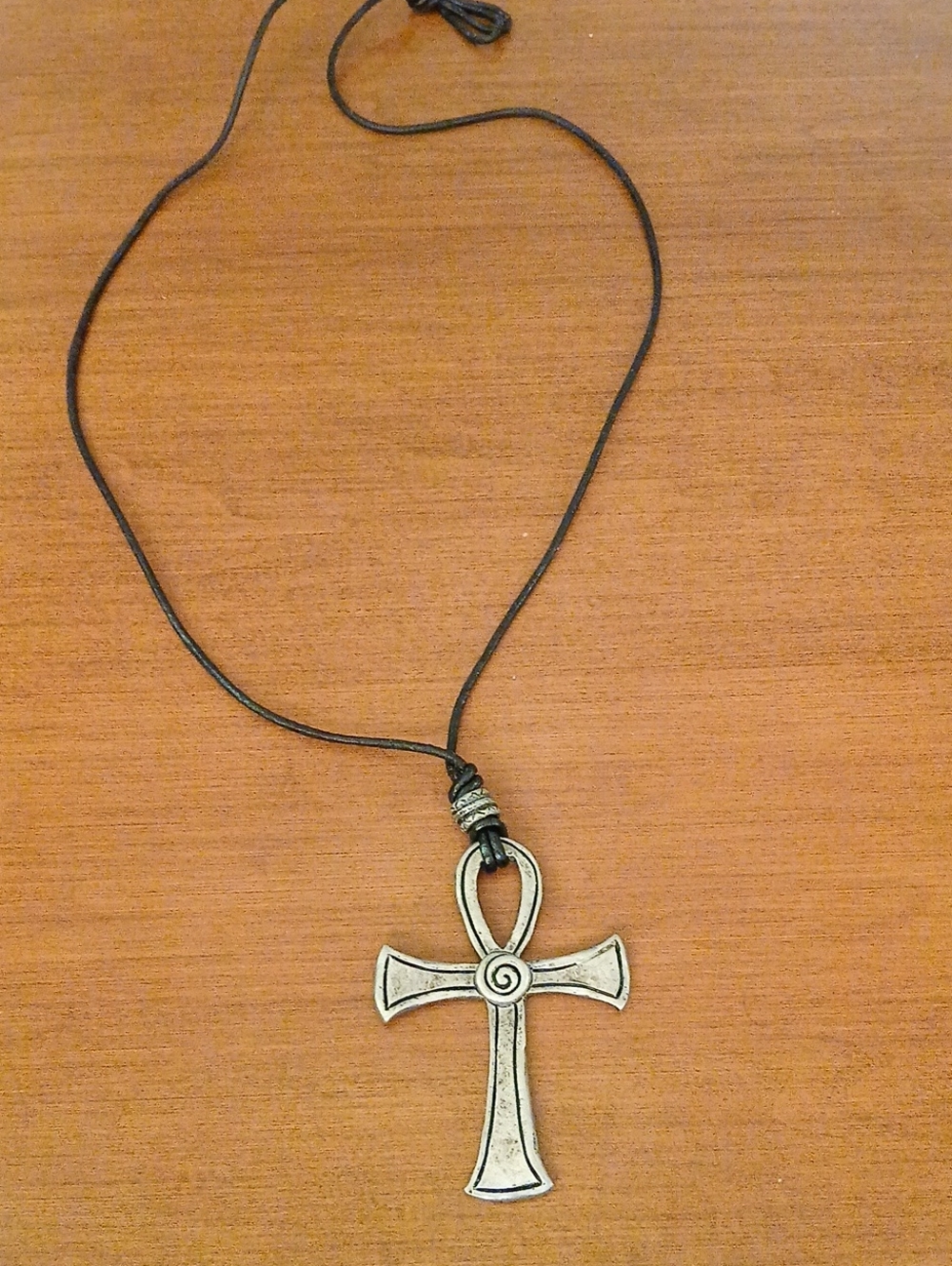 Silver Ankh Cross Pendant on Black Cord Style Leather Necklace